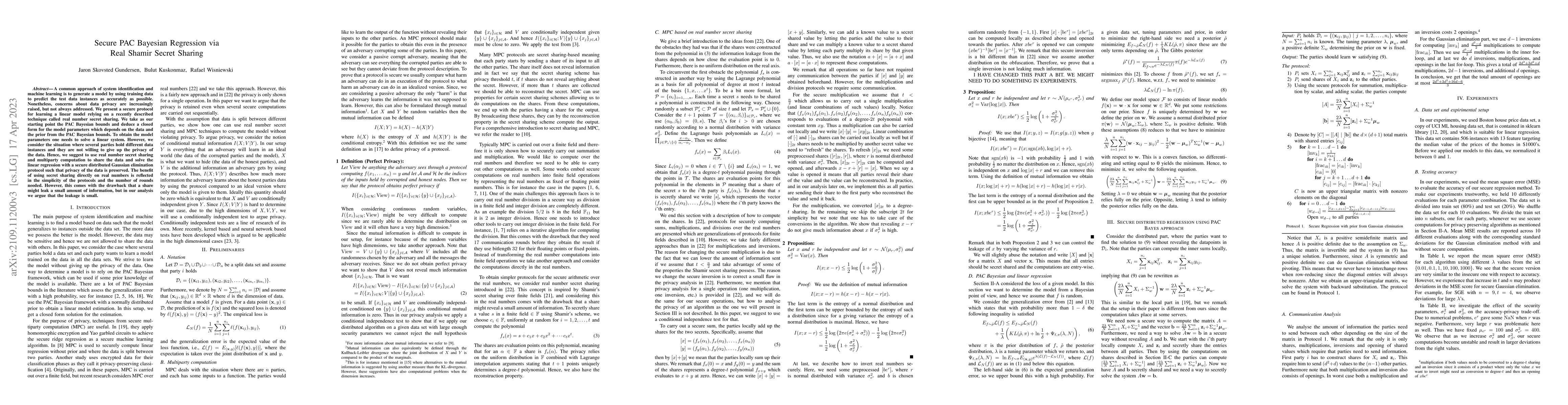 Thumbnail for Secure PAC Bayesian Regression via Real Shamir Secret Sharing
