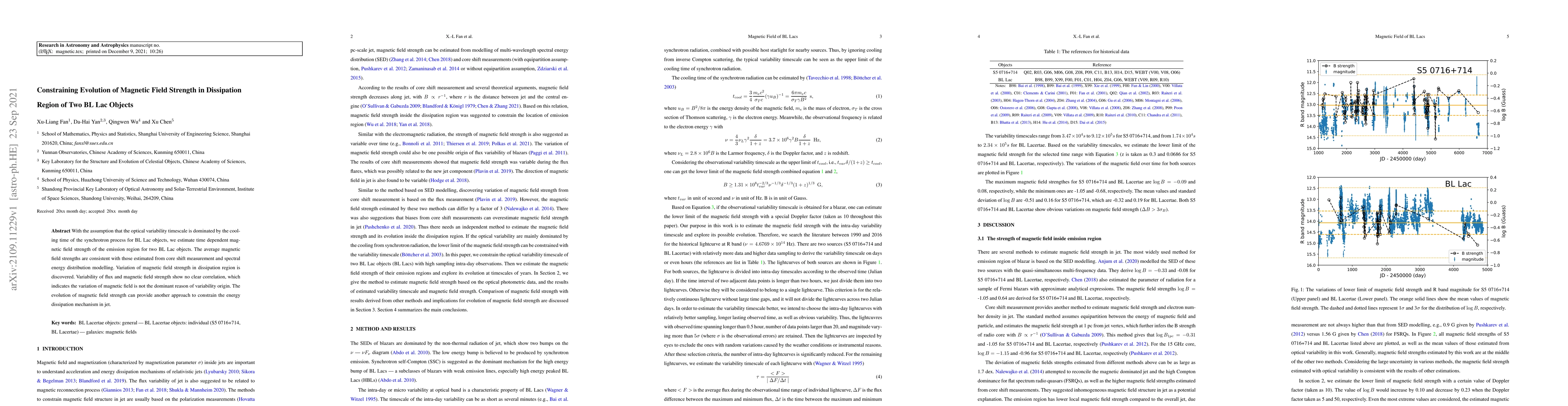 Thumbnail for Constraining Evolution of Magnetic Field Strength in Dissipation Region
  of Two BL Lac Objects