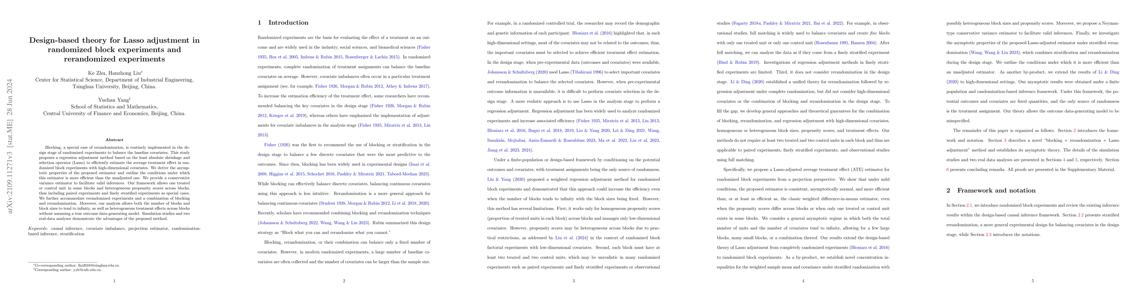 Thumbnail for Design-based theory for Lasso adjustment in randomized block experiments
  and rerandomized experiments