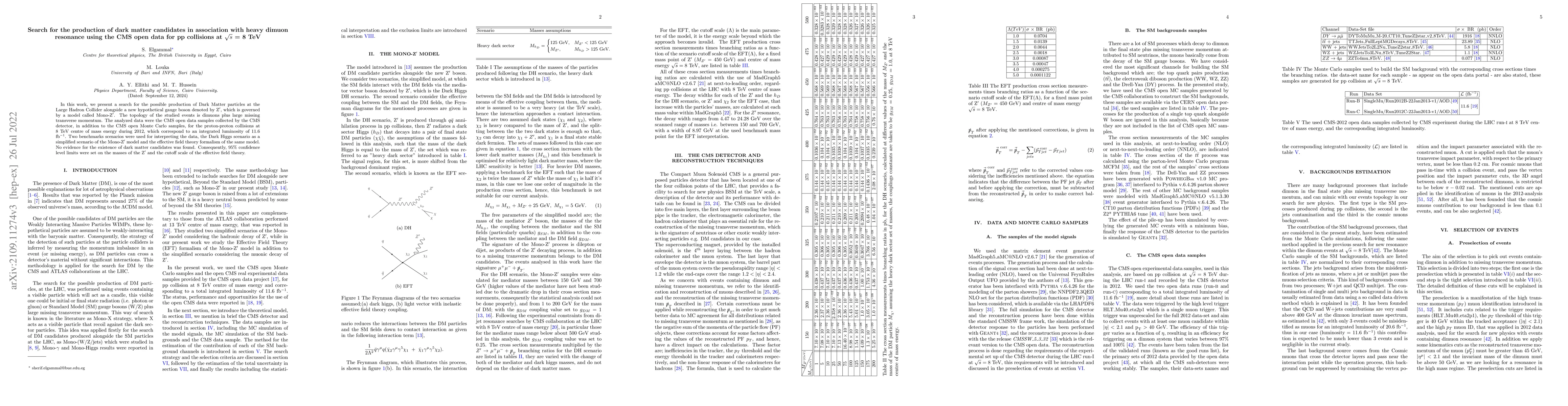 Thumbnail for Search for the production of dark matter candidates in association with
  heavy dimuon resonance using the CMS open data for pp collisions at
  $\sqrt{s}$ = 8 TeV