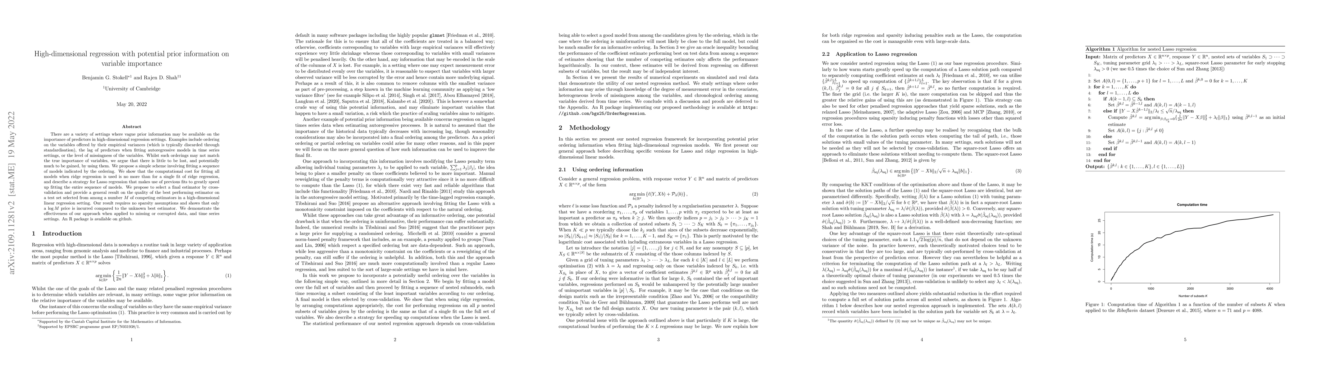 Thumbnail for High-dimensional regression with potential prior information on variable
  importance