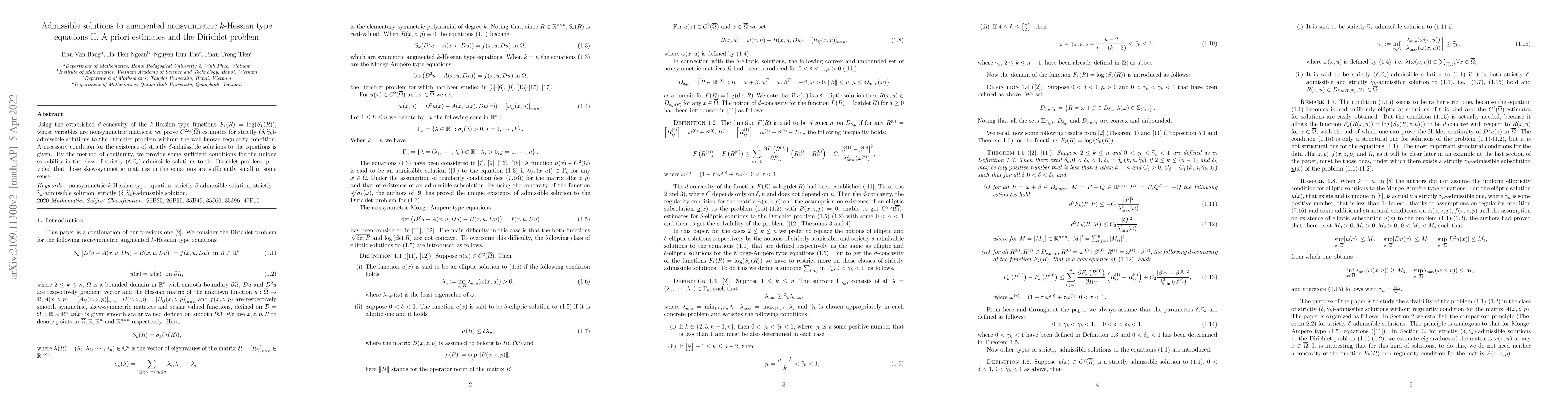 Thumbnail for Admissible solutions to augmented nonsymmetric $k$-Hessian type
  equations II. A priori estimates and the Dirichlet problem