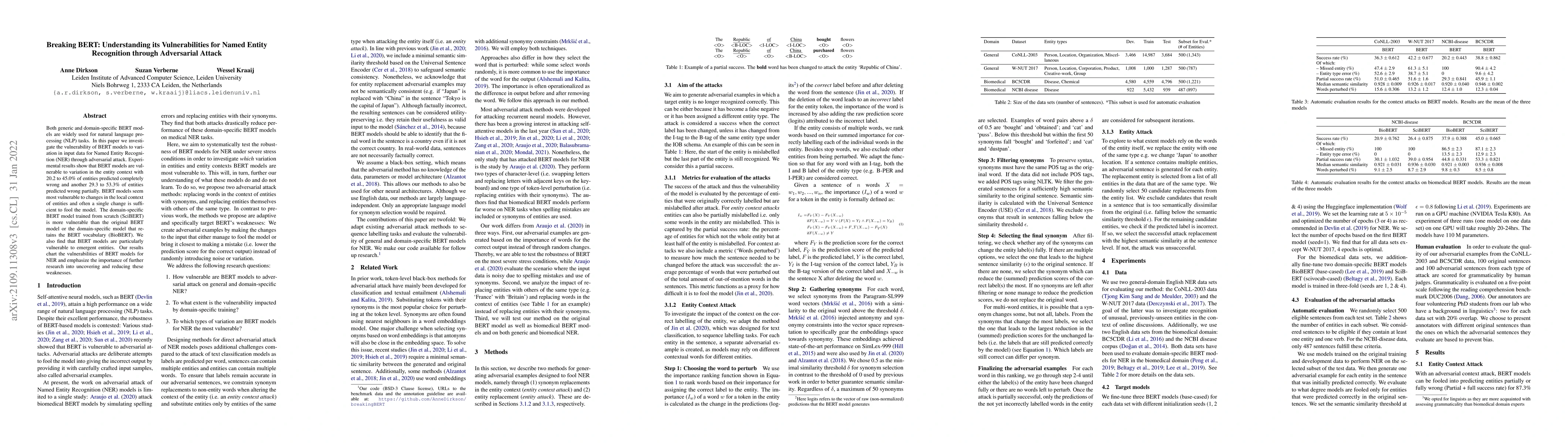 Thumbnail for Breaking BERT: Understanding its Vulnerabilities for Named Entity
  Recognition through Adversarial Attack