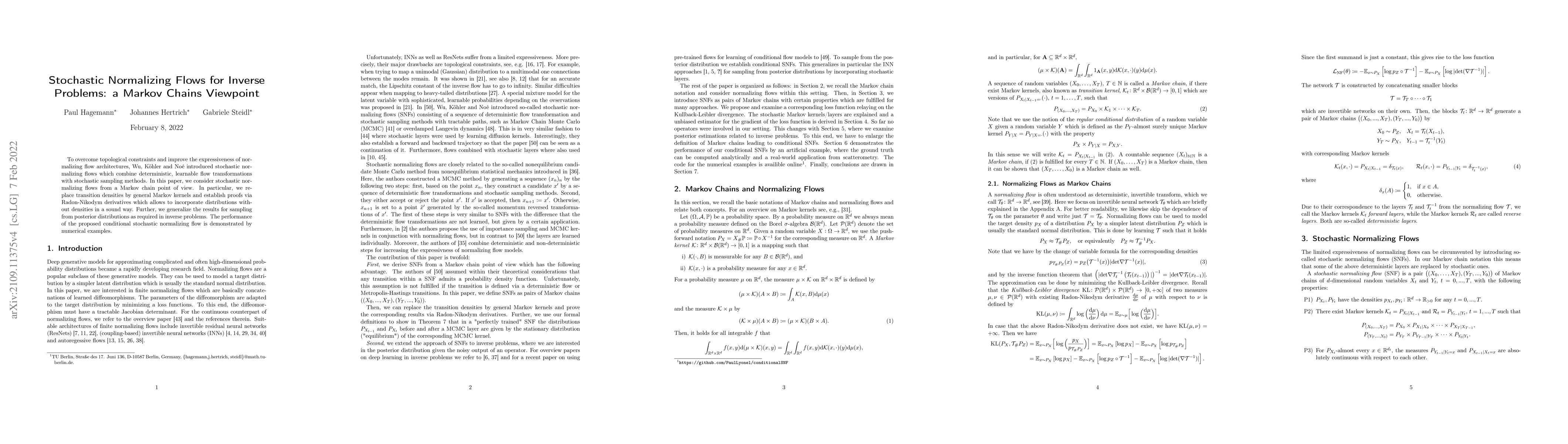 Thumbnail for Stochastic Normalizing Flows for Inverse Problems: a Markov Chains
  Viewpoint