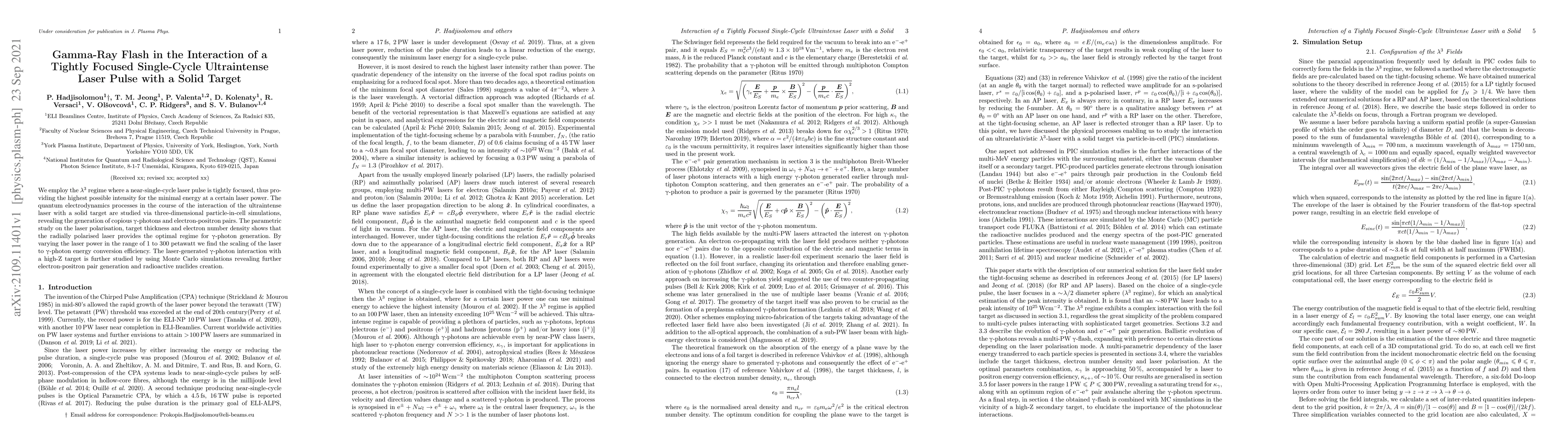 Thumbnail for Gamma-Ray Flash in the Interaction of a Tightly Focused Single-Cycle
  Ultraintense Laser Pulse with a Solid Target