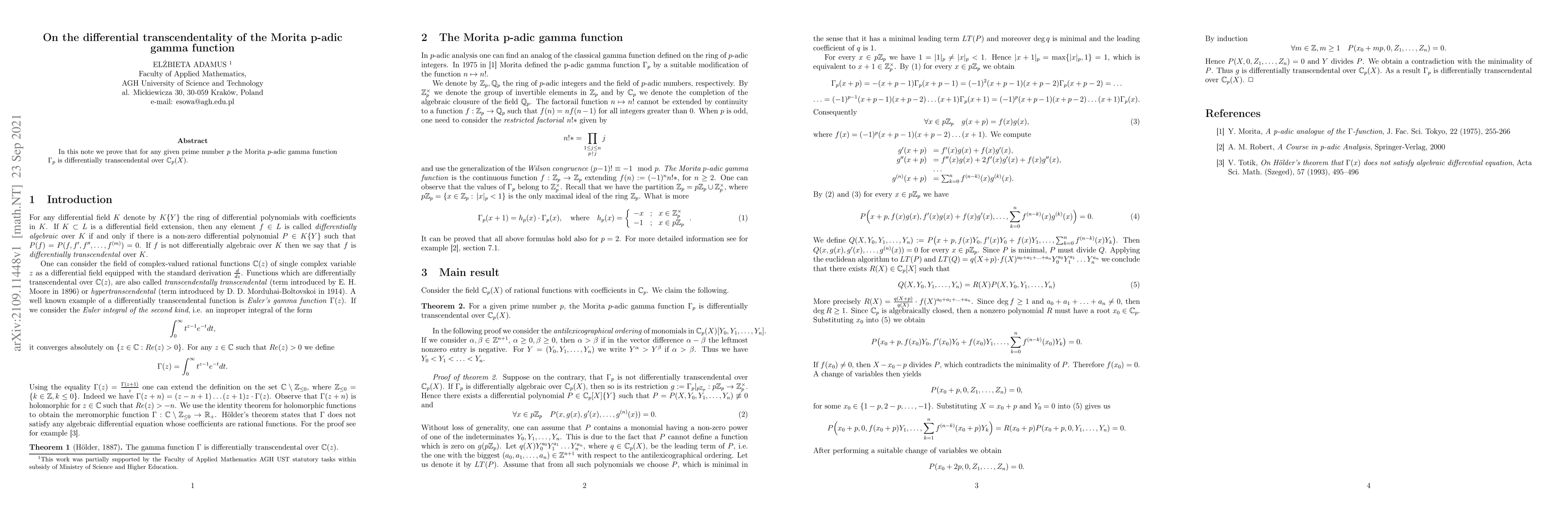 Thumbnail for On the differential transcendentality of the Morita p-adic gamma
  function