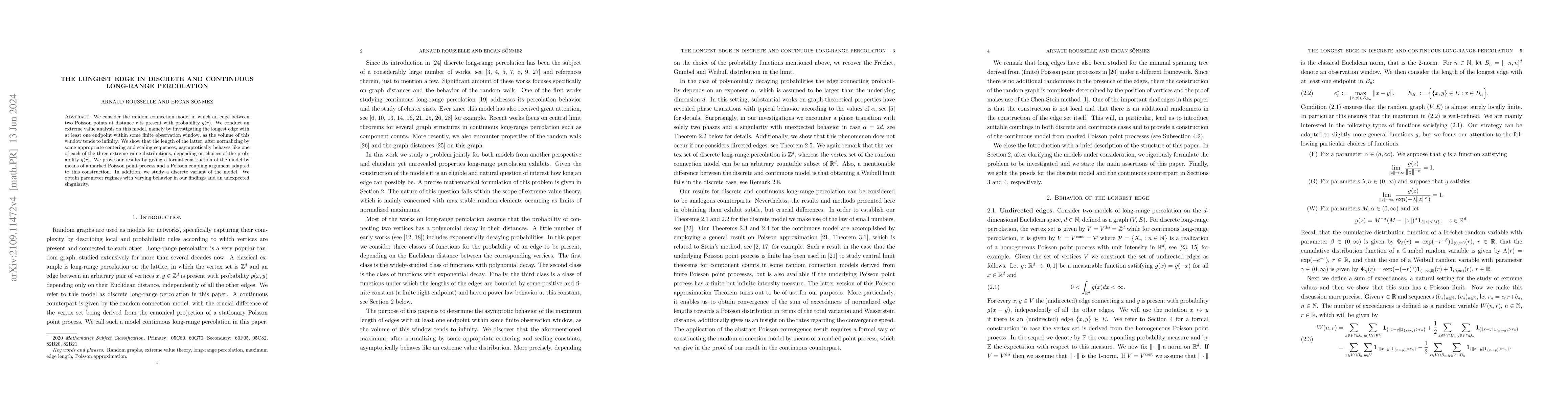 Thumbnail for The longest edge in discrete and continuous long-range percolation