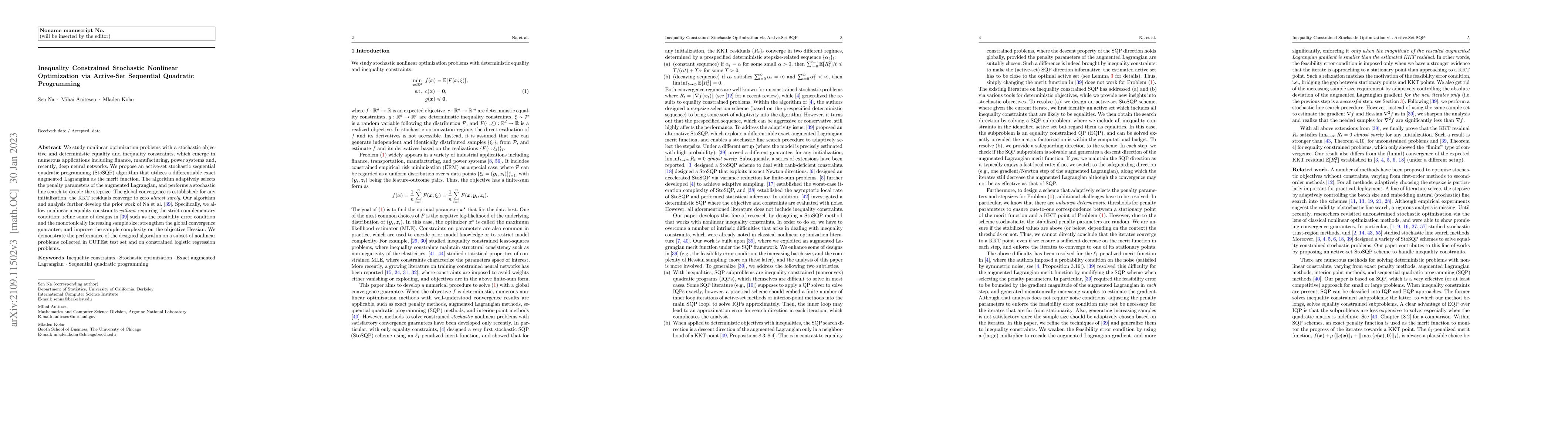 Thumbnail for Inequality Constrained Stochastic Nonlinear Optimization via Active-Set
  Sequential Quadratic Programming