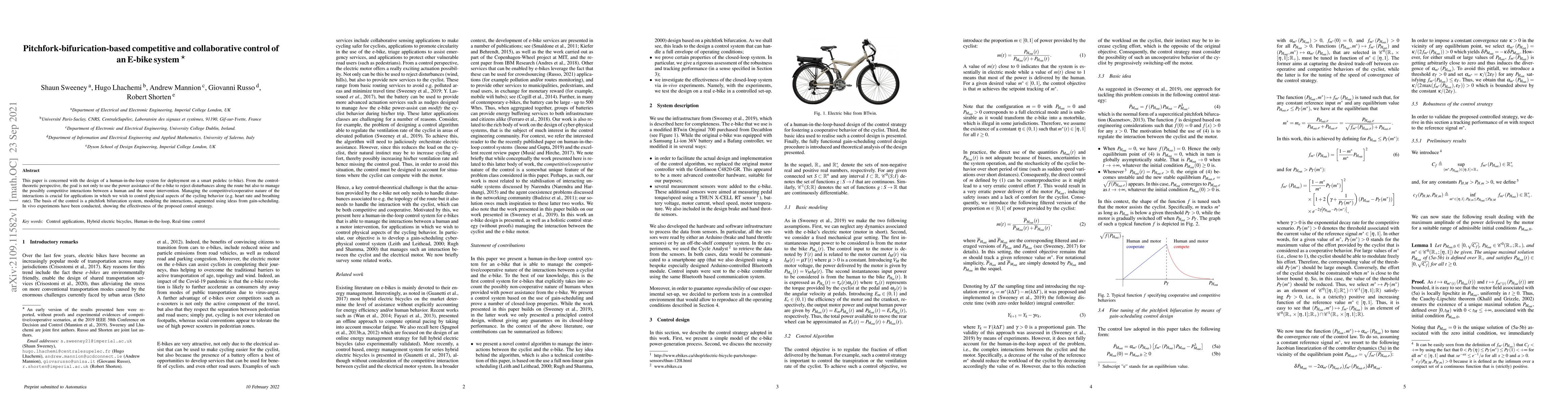 Thumbnail for Pitchfork-bifurication-based competitive and collaborative control of an
  E-bike system