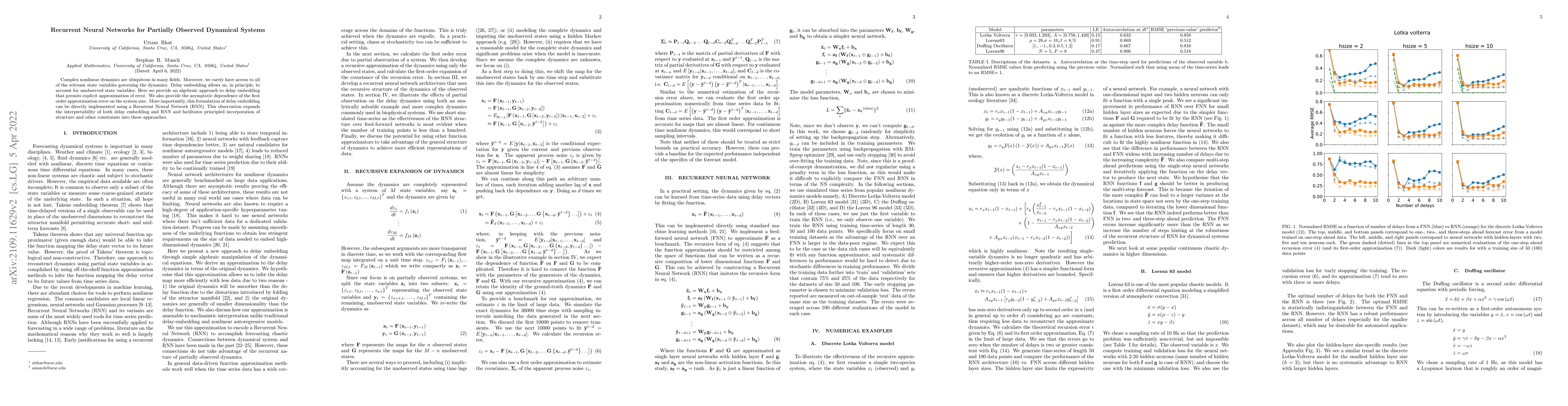 Thumbnail for Recurrent Neural Networks for Partially Observed Dynamical Systems