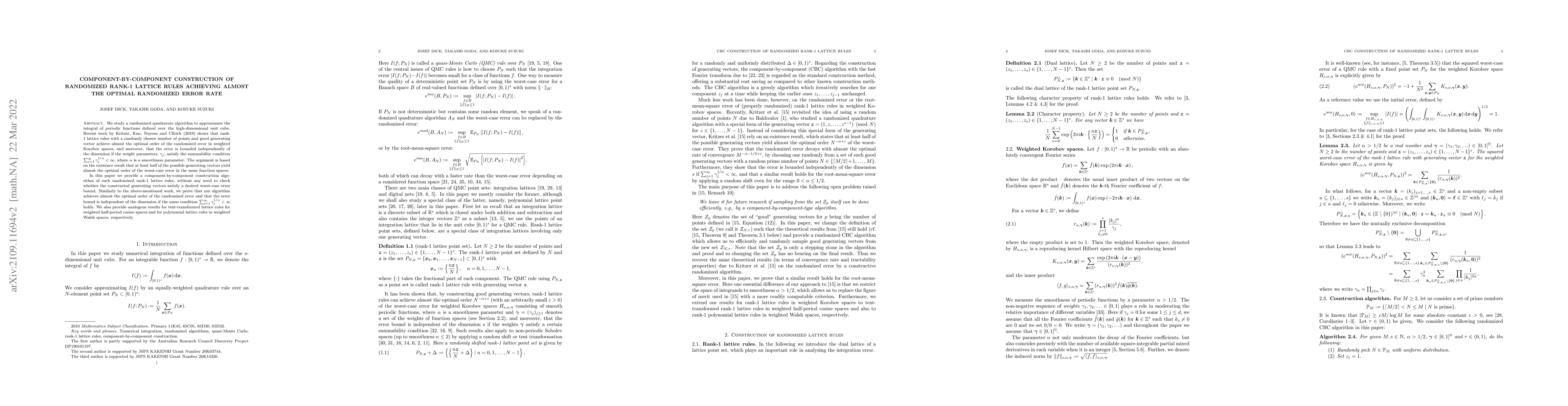 Thumbnail for Component-by-component construction of randomized rank-1 lattice rules
  achieving almost the optimal randomized error rate