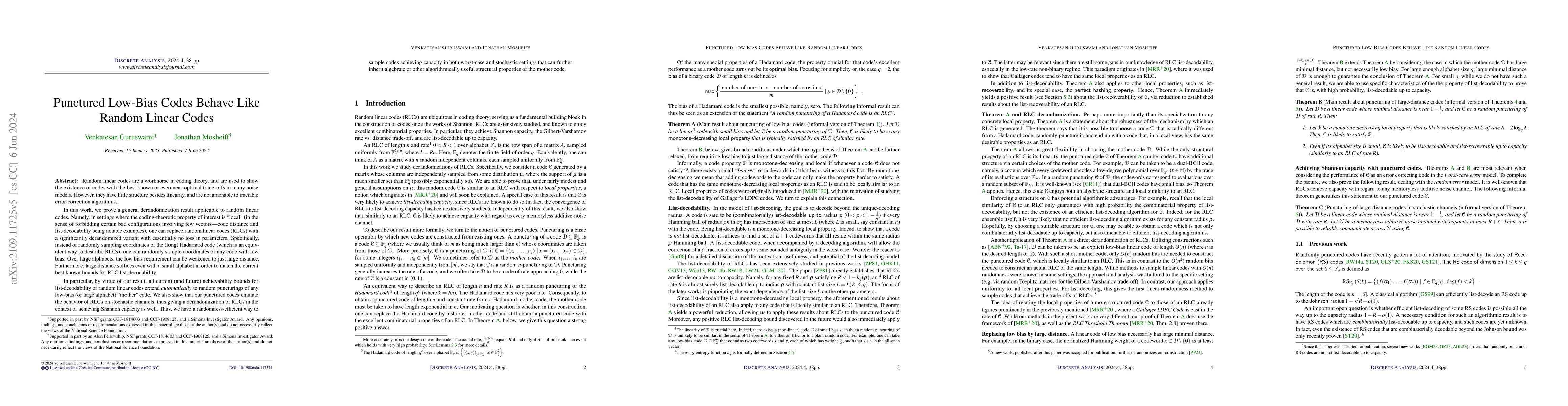 Thumbnail for Punctured Low-Bias Codes Behave Like Random Linear Codes