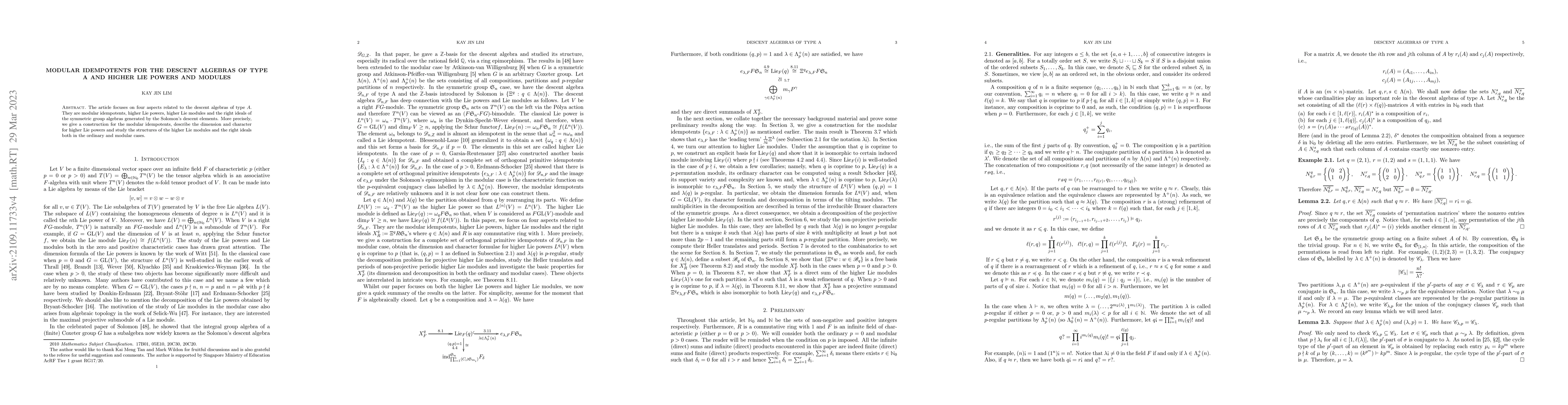 Thumbnail for Modular Idempotents for the Descent Algebras of Type A and Higher Lie
  Powers and Modules