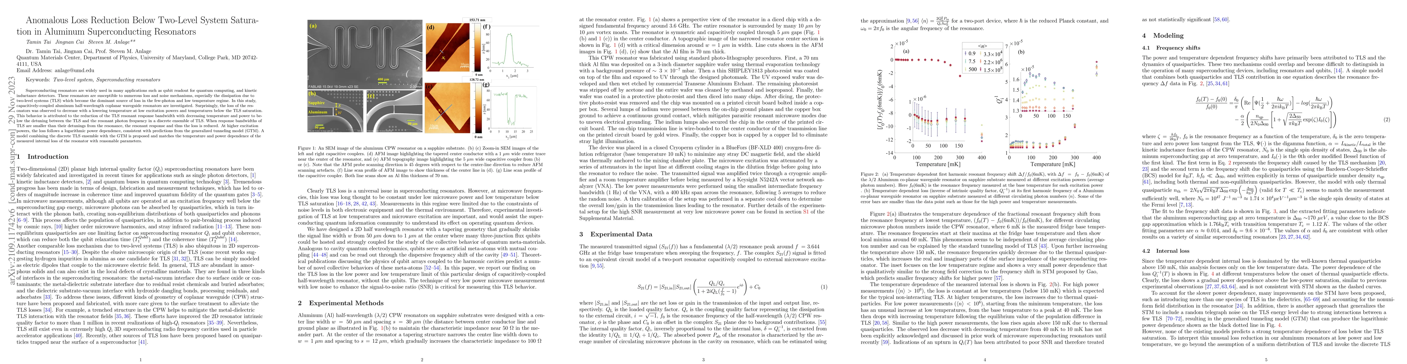 Thumbnail for Anomalous Loss Reduction Below Two-Level System Saturation in Aluminum
  Superconducting Resonators