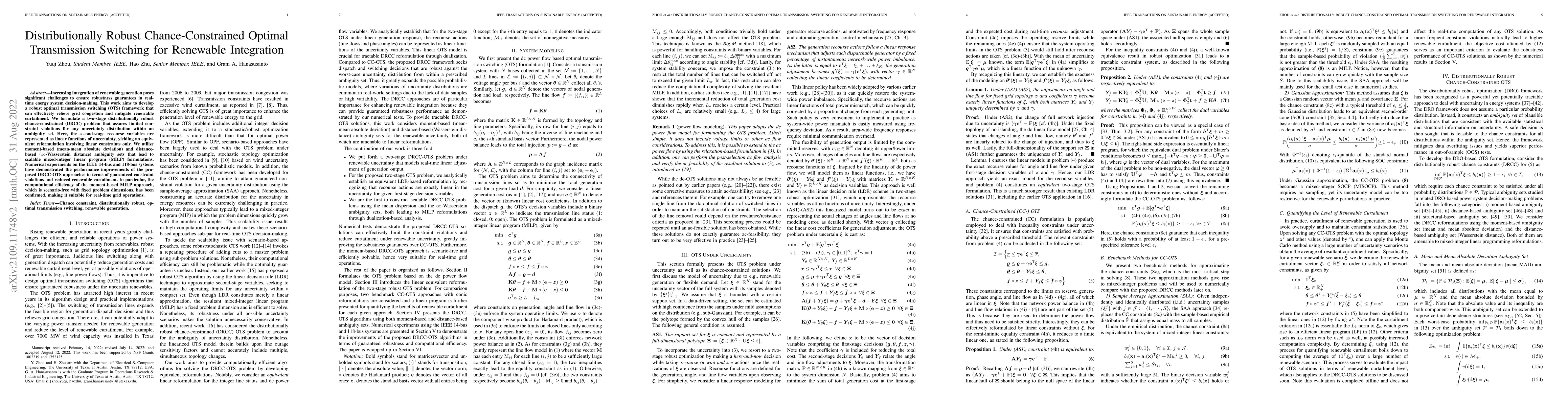 Thumbnail for Distributionally Robust Chance-Constrained Optimal Transmission
  Switching for Renewable Integration