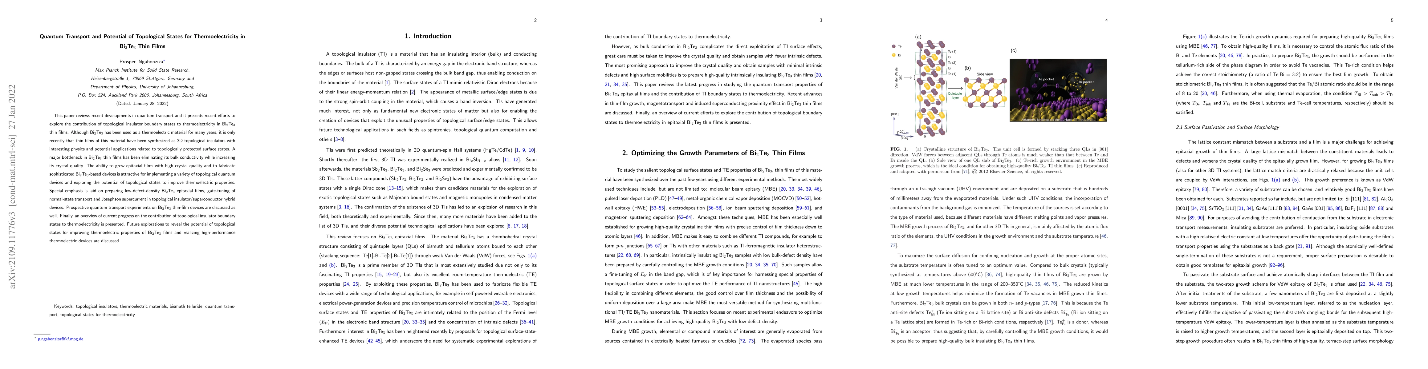 Thumbnail for Quantum Transport and Potential of Topological States for
  Thermoelectricity in Bi$_2$Te$_3$ Thin Films