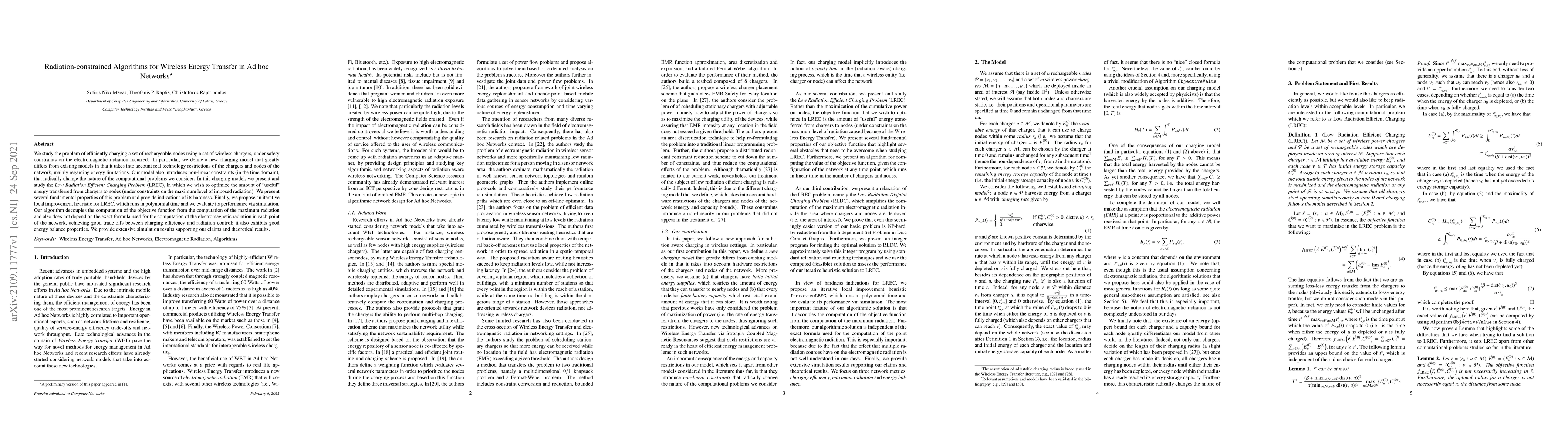 Thumbnail for Radiation-constrained algorithms for Wireless Energy Transfer in Ad hoc
  Networks