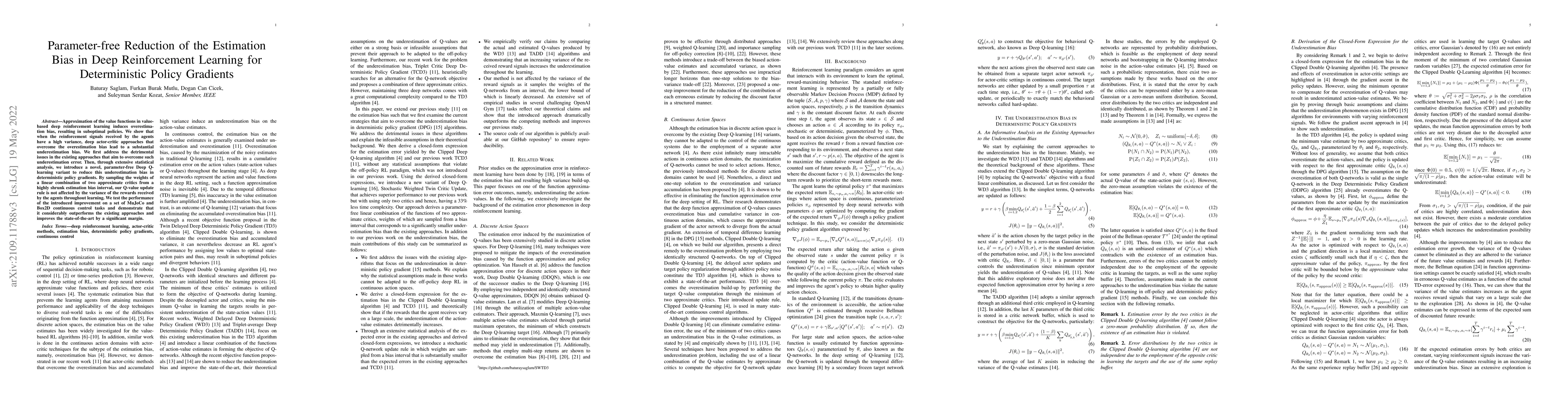 Thumbnail for Parameter-free Reduction of the Estimation Bias in Deep Reinforcement
  Learning for Deterministic Policy Gradients