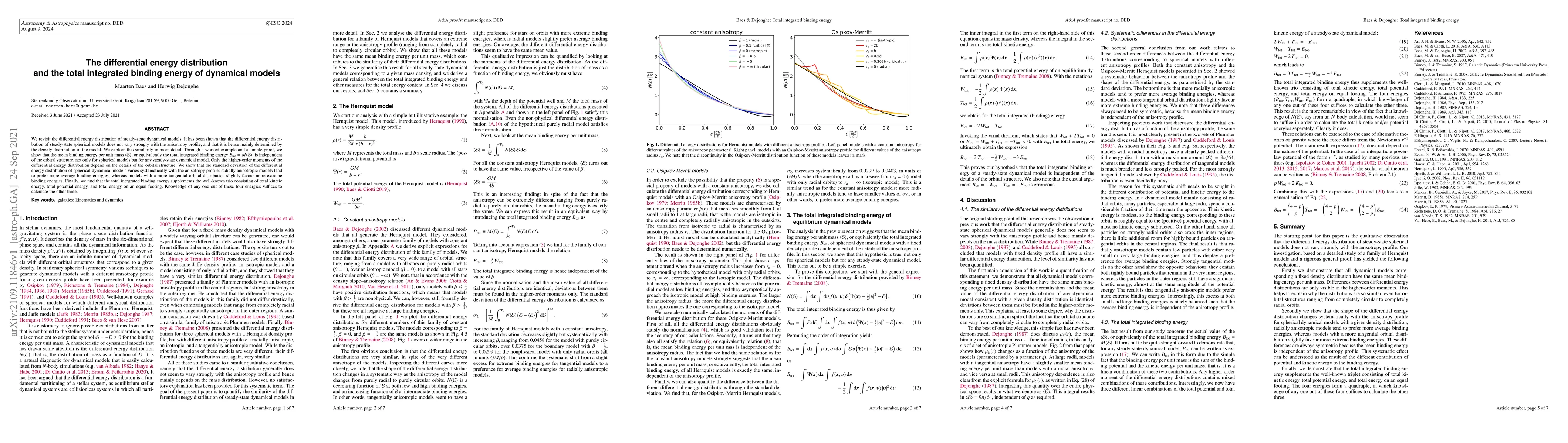 Thumbnail for The differential energy distribution and the total integrated binding
  energy of dynamical models