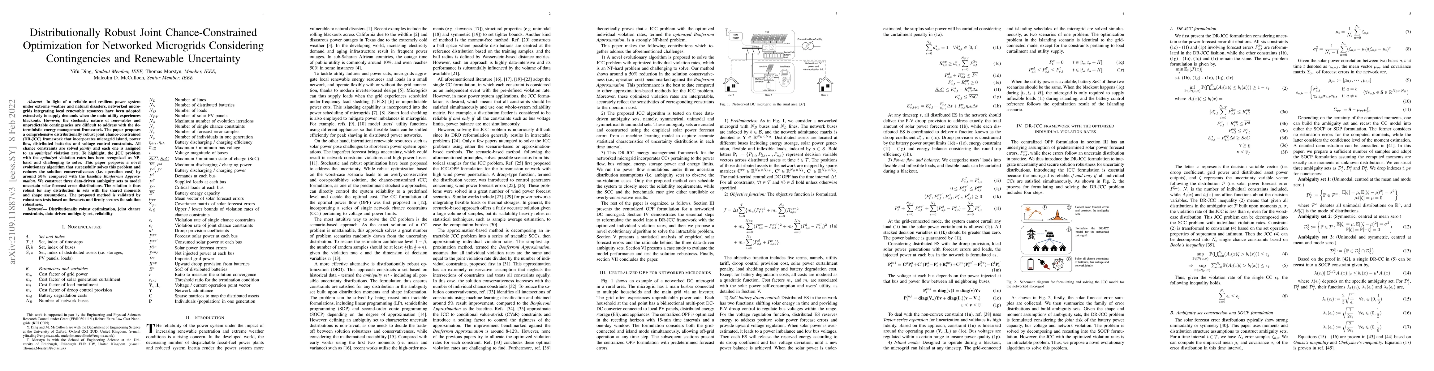 Thumbnail for Distributionally Robust Joint Chance-Constrained Optimization for
  Networked Microgrids Considering Contingencies and Renewable Uncertainty