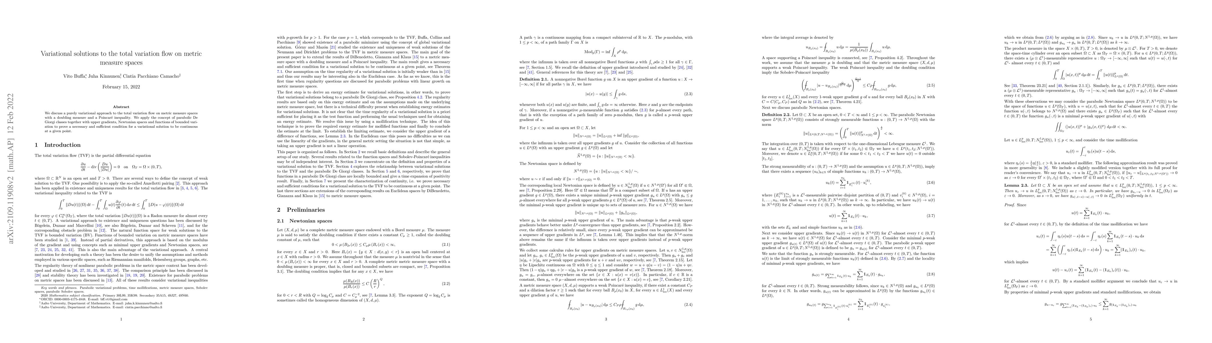 Thumbnail for Variational solutions to the total variation flow on metric measure
  spaces