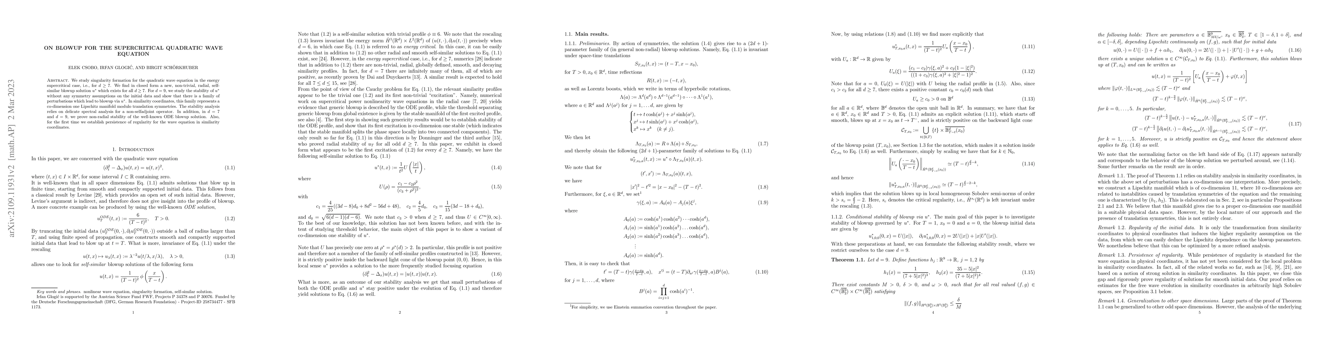 Thumbnail for On blowup for the supercritical quadratic wave equation