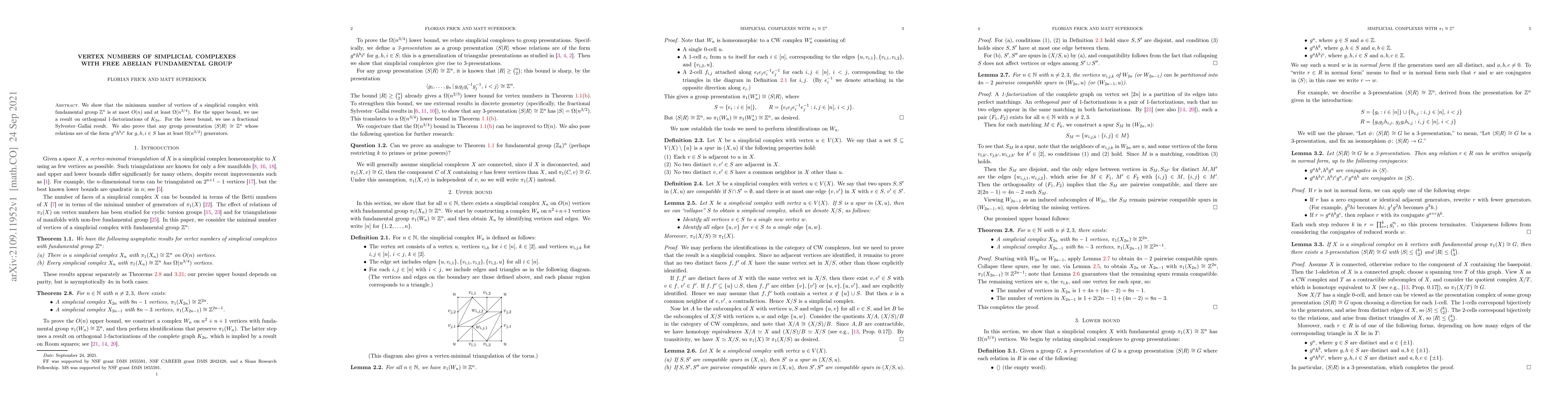 Thumbnail for Vertex numbers of simplicial complexes with free abelian fundamental
  group