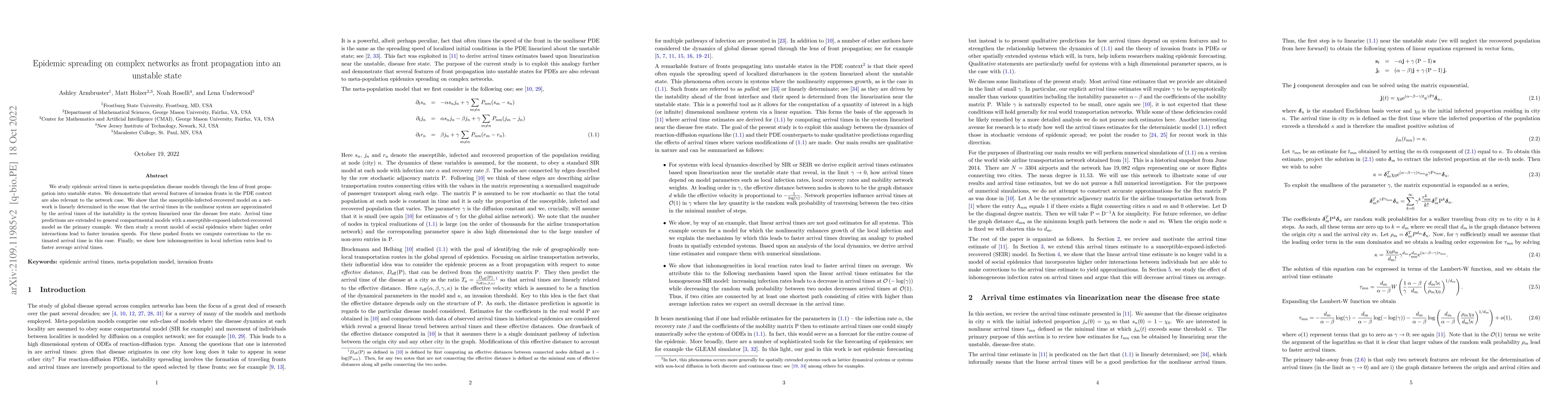 Thumbnail for Epidemic spreading on complex networks as front propagation into an
  unstable state