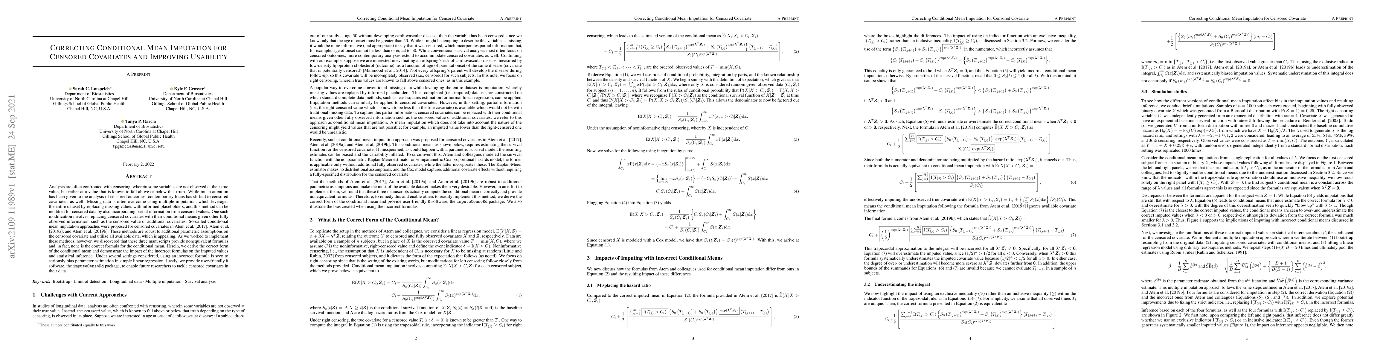 Thumbnail for Correcting Conditional Mean Imputation for Censored Covariates and
  Improving Usability
