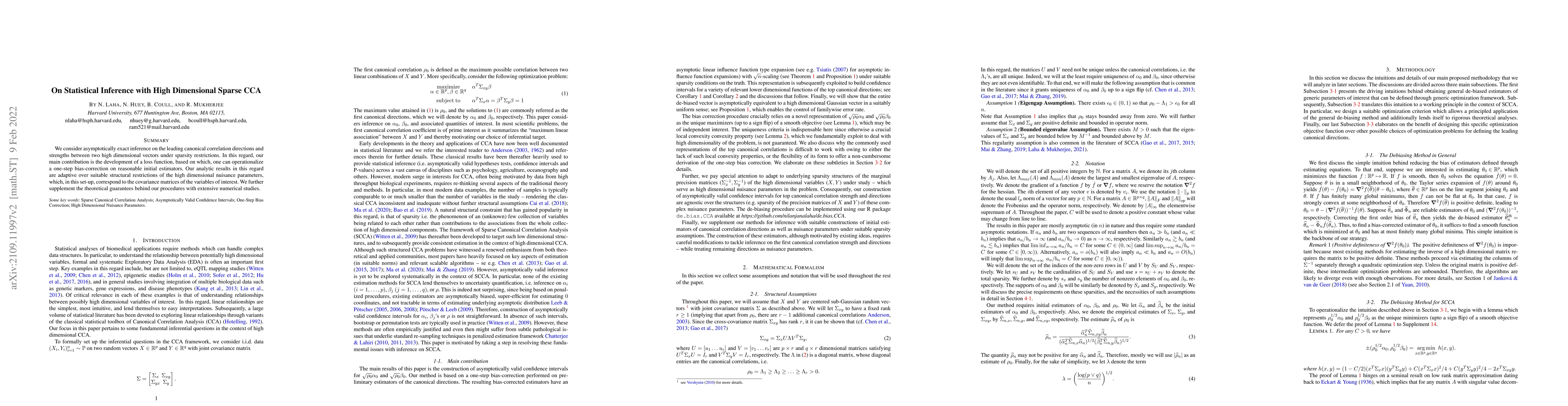 Thumbnail for On Statistical Inference with High Dimensional Sparse CCA