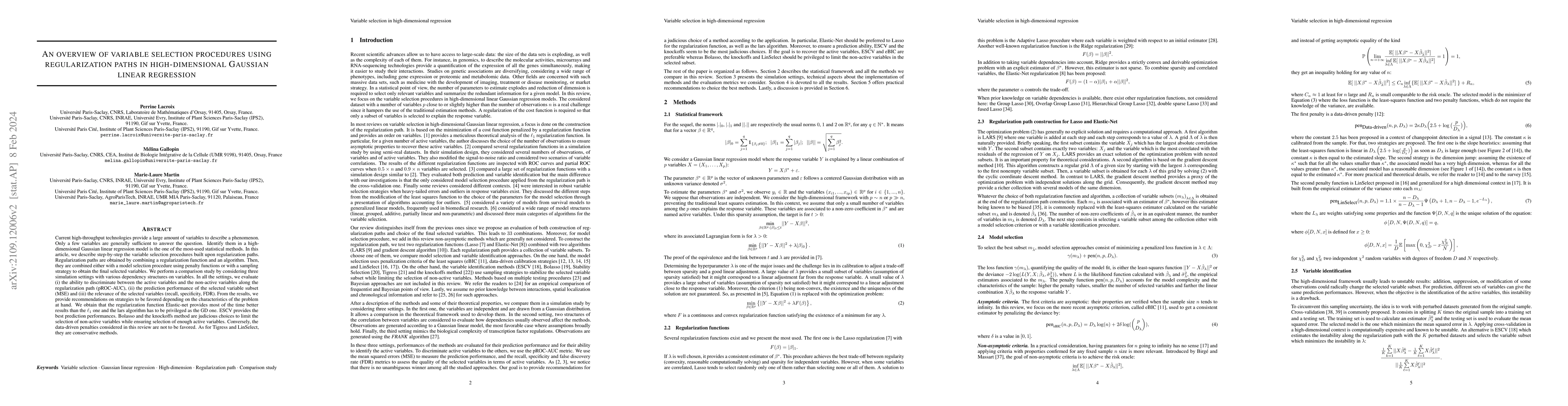 Thumbnail for An overview of variable selection procedures using regularization paths
  in high-dimensional Gaussian linear regression