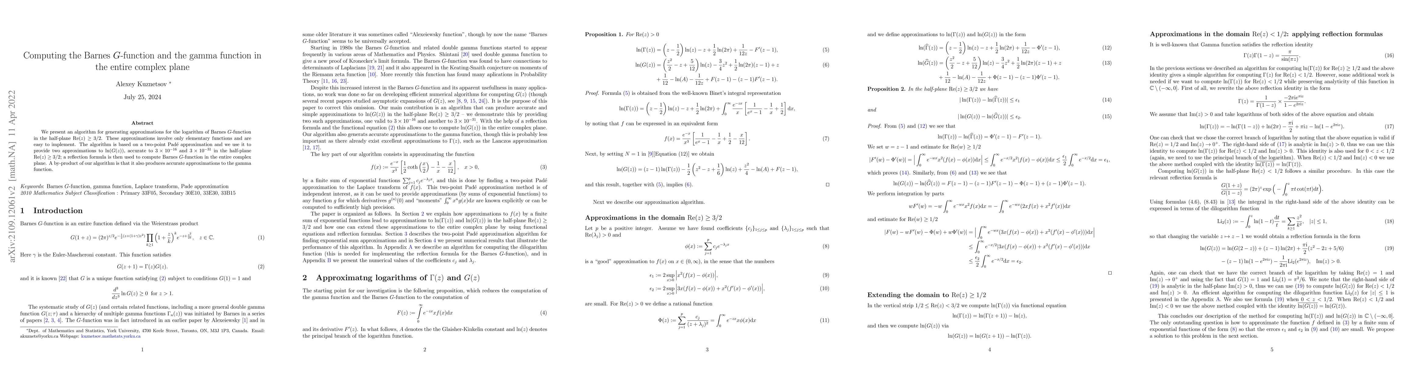 Thumbnail for Computing the Barnes $G$-function and the gamma function in the entire
  complex plane