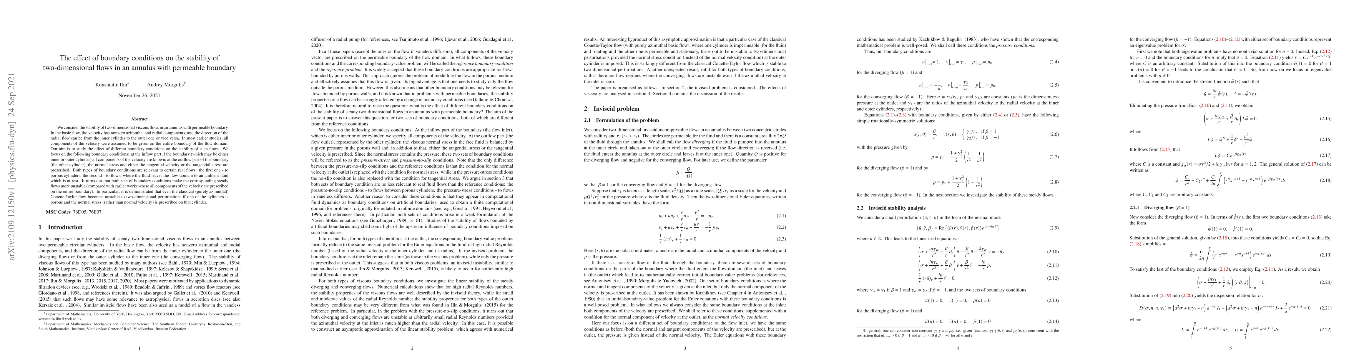 Thumbnail for The effect of boundary conditions on the stability of two-dimensional
  flows in an annulus with permeable boundary