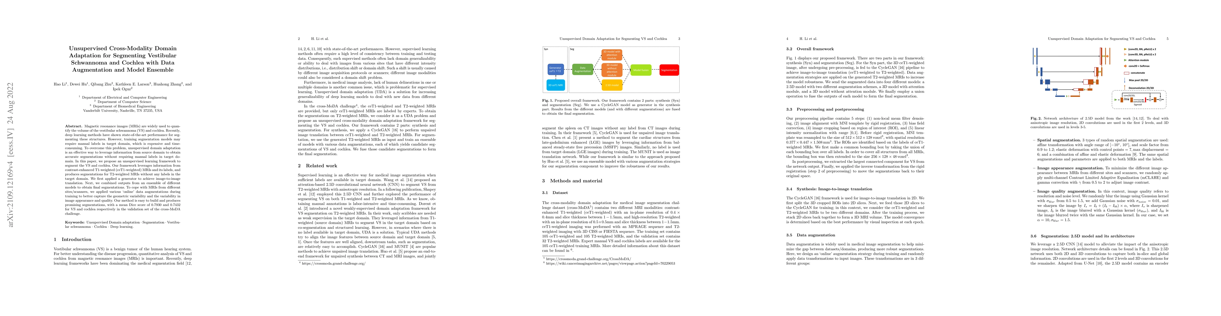 Thumbnail for Unsupervised Cross-Modality Domain Adaptation for Segmenting Vestibular
  Schwannoma and Cochlea with Data Augmentation and Model Ensemble