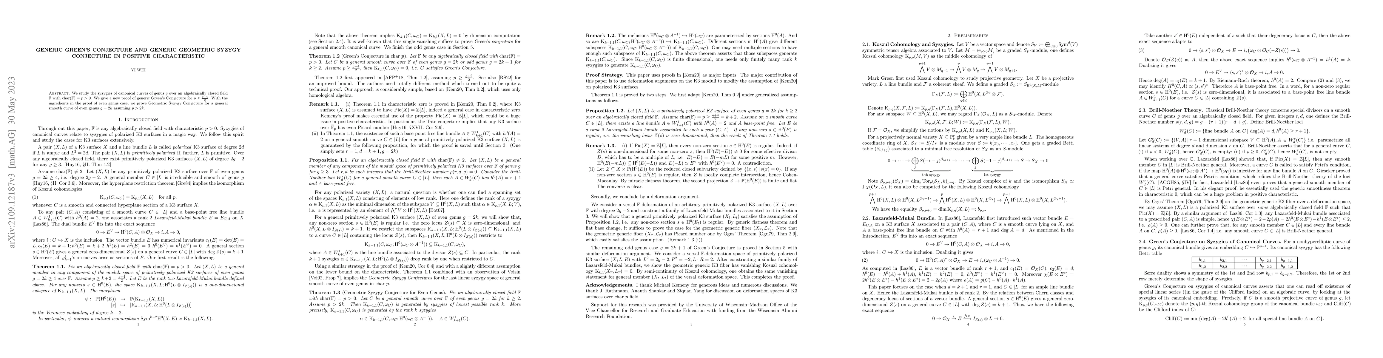 Thumbnail for Generic Green's Conjecture and Generic Geometric Syzygy Conjecture in
  Positive Characteristic