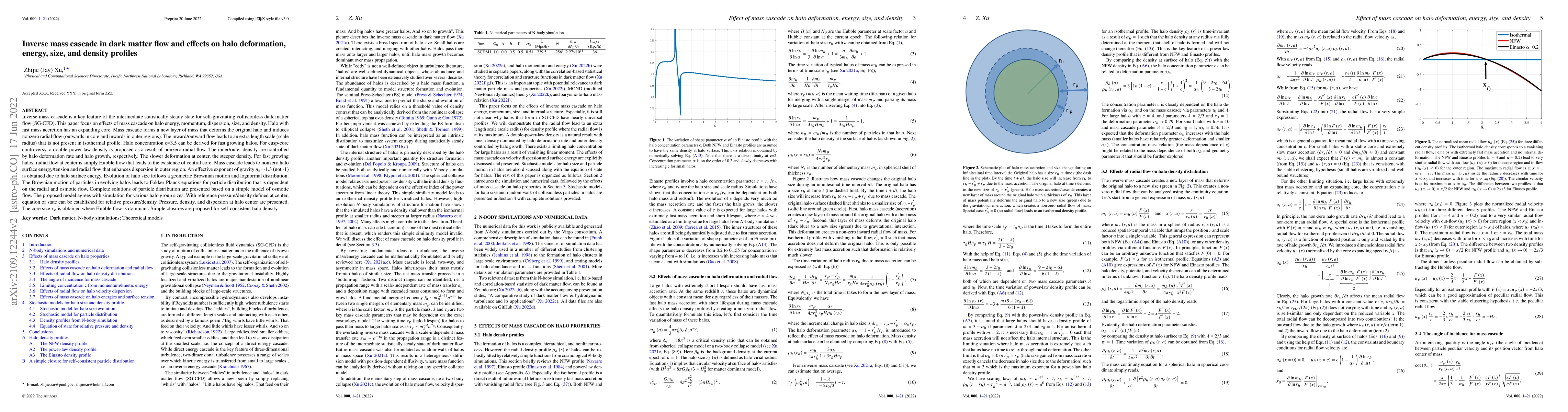 Thumbnail for Inverse mass cascade in dark matter flow and effects on halo
  deformation, energy, size, and density profiles