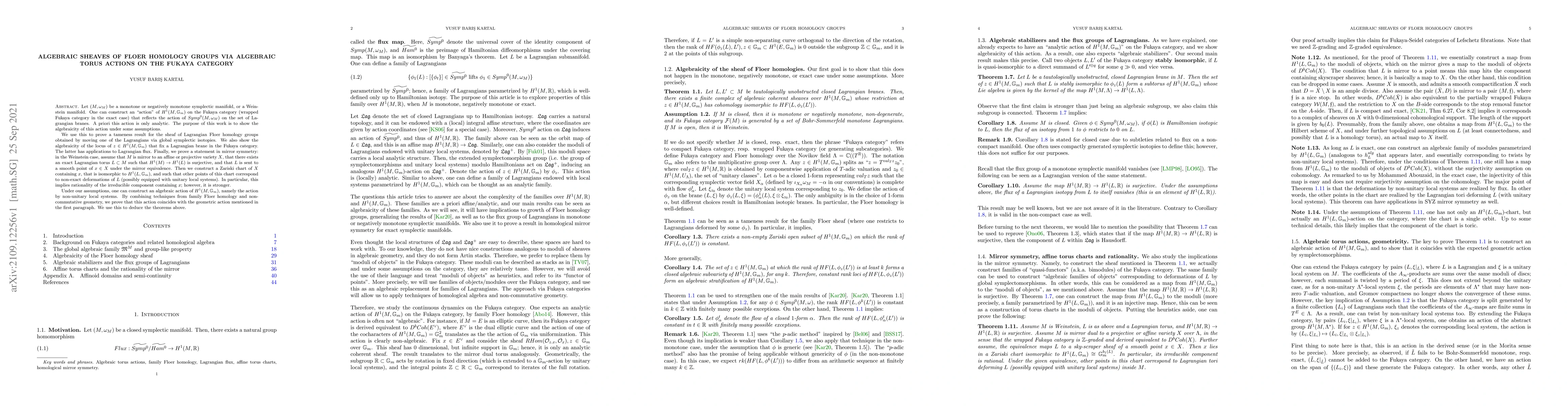 Thumbnail for Algebraic sheaves of Floer homology groups via algebraic torus actions
  on the Fukaya category