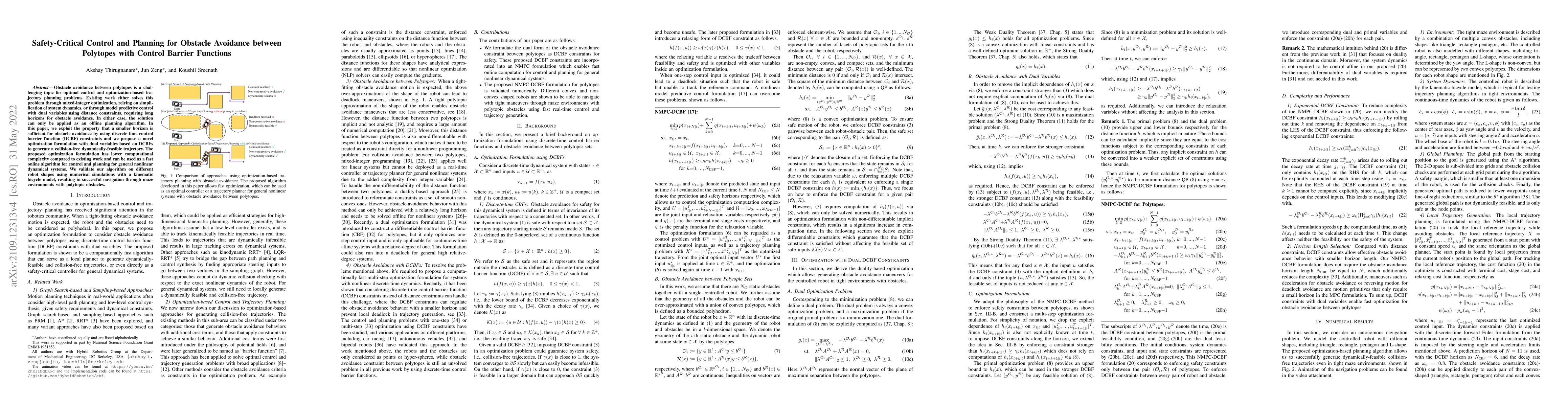 Thumbnail for Safety-Critical Control and Planning for Obstacle Avoidance between
  Polytopes with Control Barrier Functions