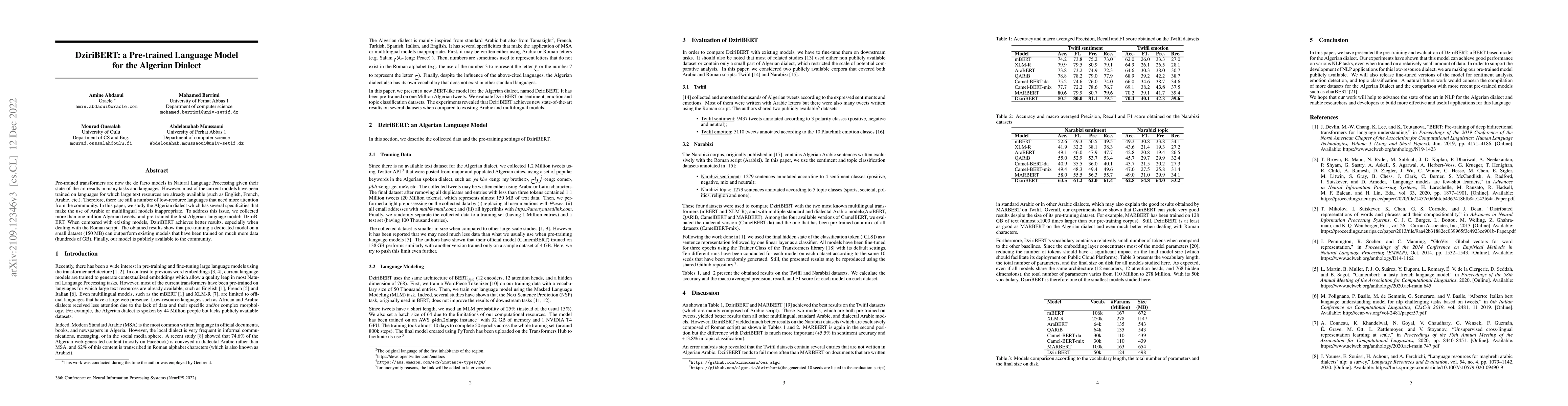 Thumbnail for DziriBERT: a Pre-trained Language Model for the Algerian Dialect