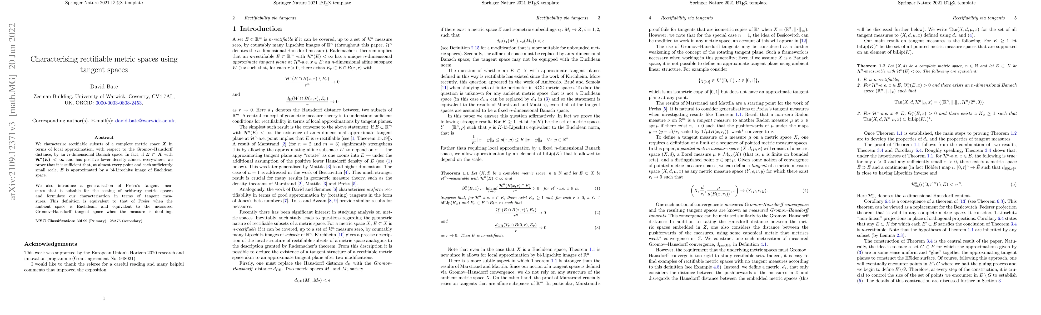Thumbnail for Characterising rectifiable metric spaces using tangent spaces