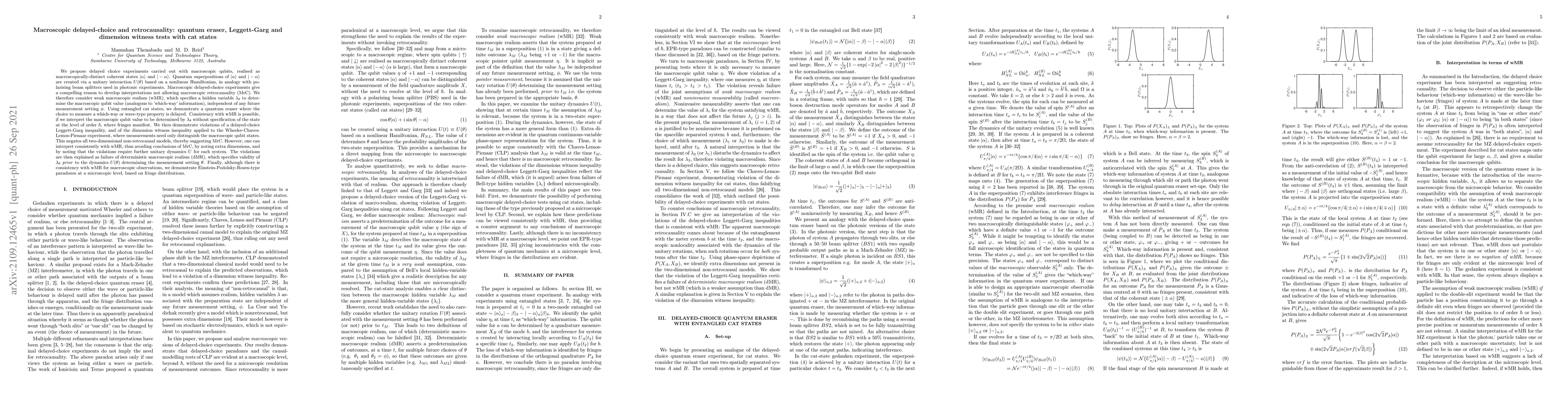 Thumbnail for Macroscopic delayed-choice and retrocausality: quantum eraser,
  Leggett-Garg and dimension witness tests with cat states