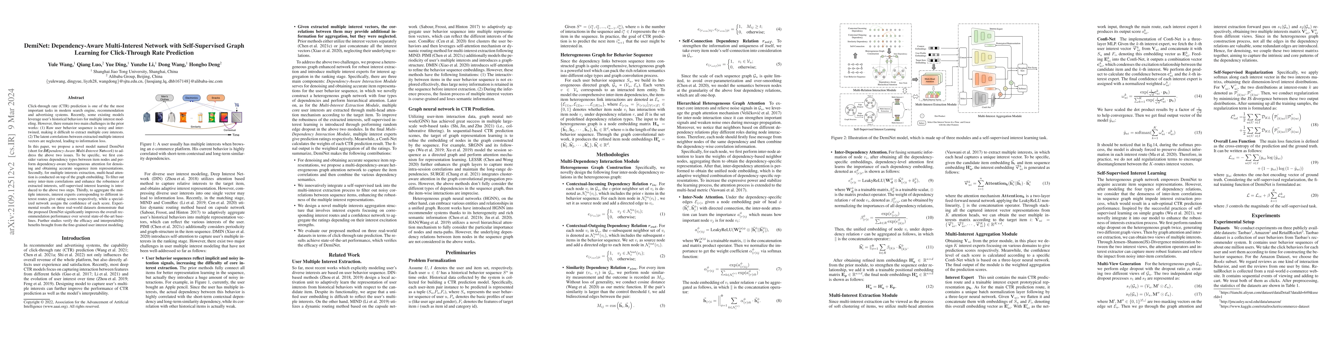 Thumbnail for DemiNet: Dependency-Aware Multi-Interest Network with Self-Supervised
  Graph Learning for Click-Through Rate Prediction