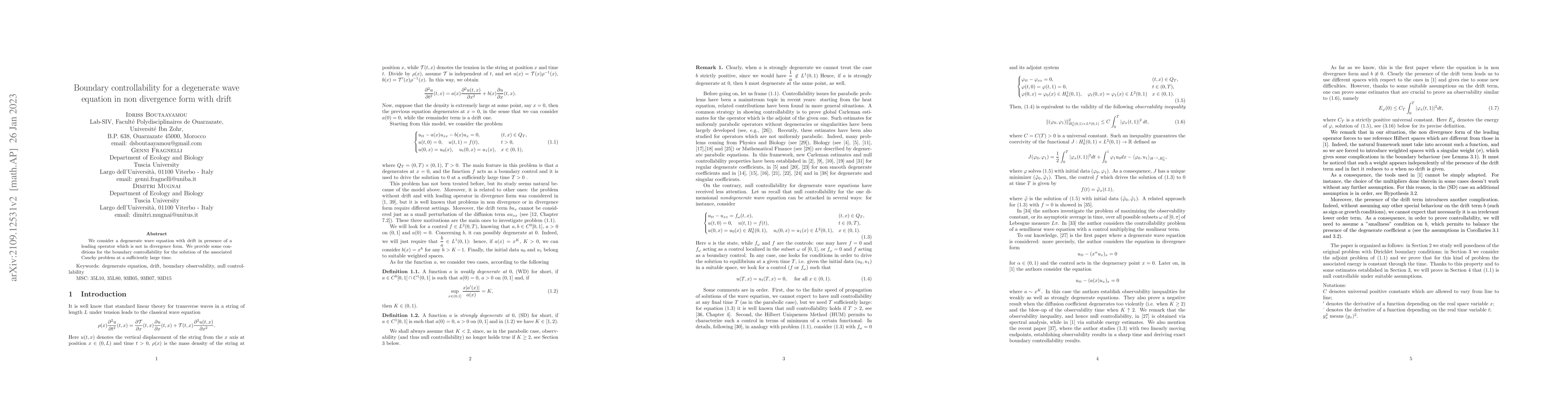 Thumbnail for Boundary controllability for a degenerate wave equation in non
  divergence form with drift
