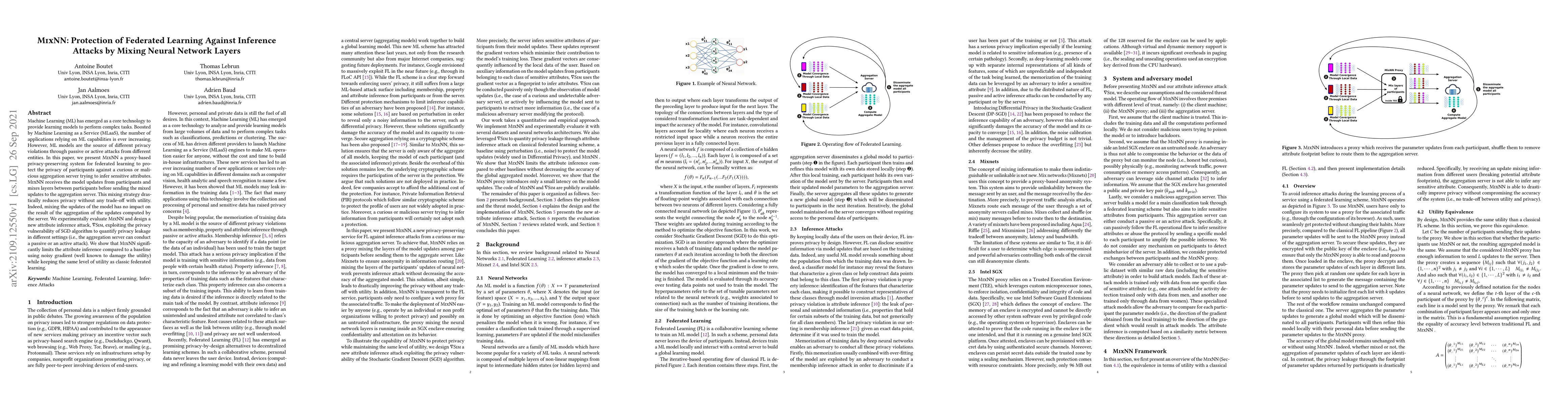 Thumbnail for MixNN: Protection of Federated Learning Against Inference Attacks by
  Mixing Neural Network Layers