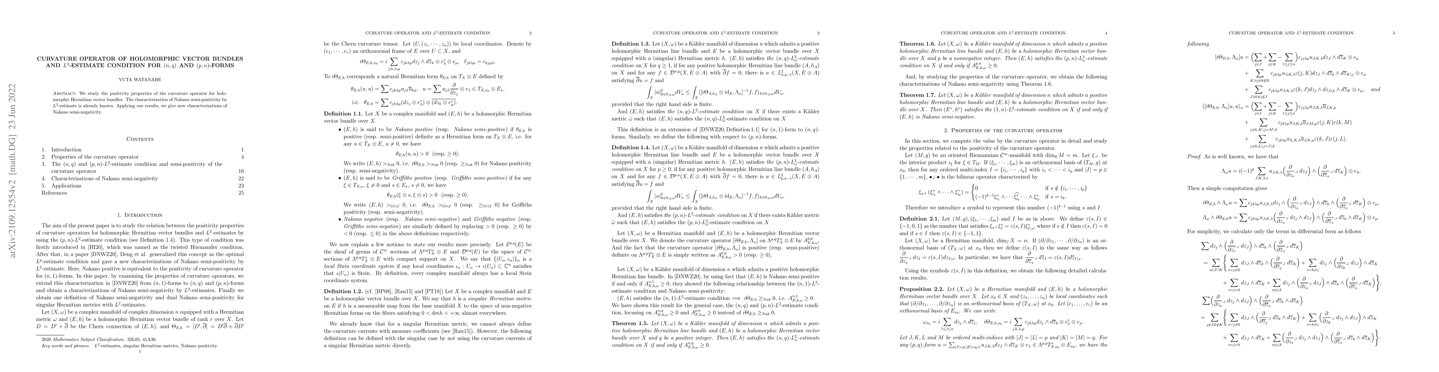 Thumbnail for Curvature operator of holomorphic vector bundles and $L^2$-estimate
  condition for $(n,q)$ and $(p,n)$-forms