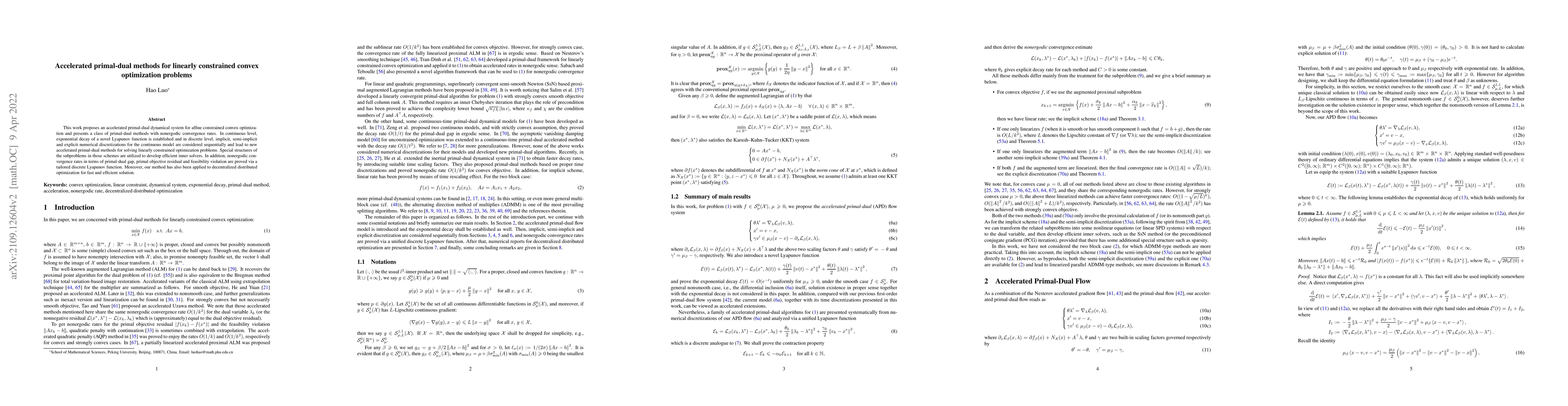 Thumbnail for Accelerated primal-dual methods for linearly constrained convex
  optimization problems