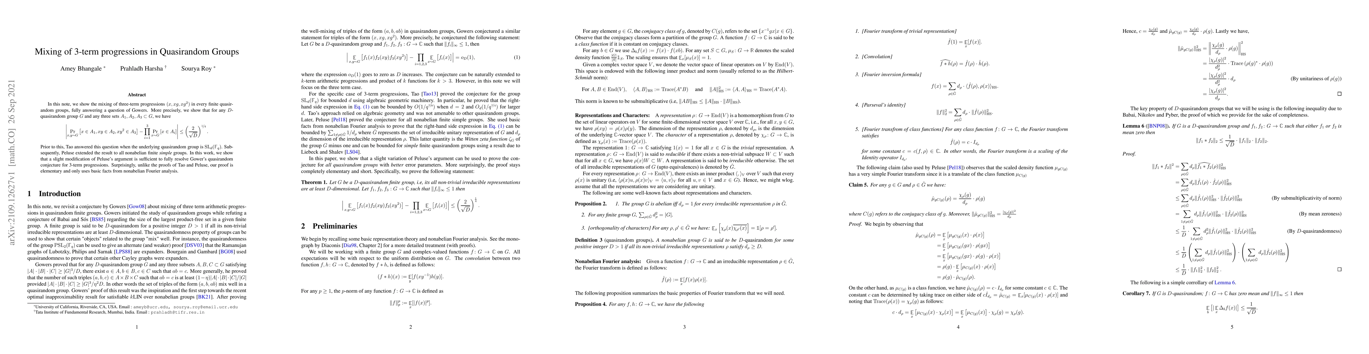Thumbnail for Mixing of 3-term progressions in Quasirandom Groups