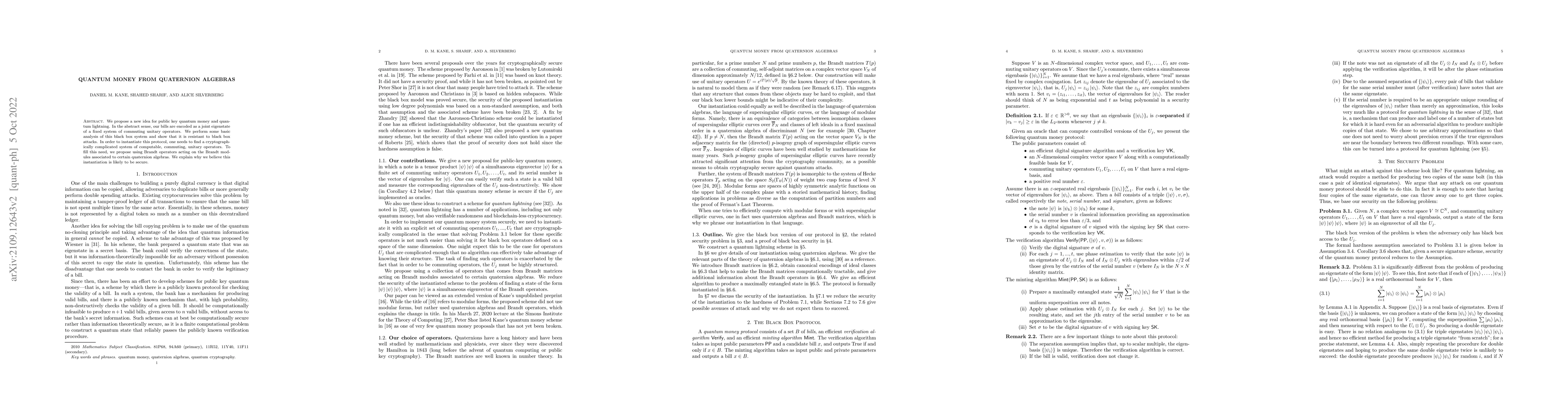 Thumbnail for Quantum Money from Quaternion Algebras