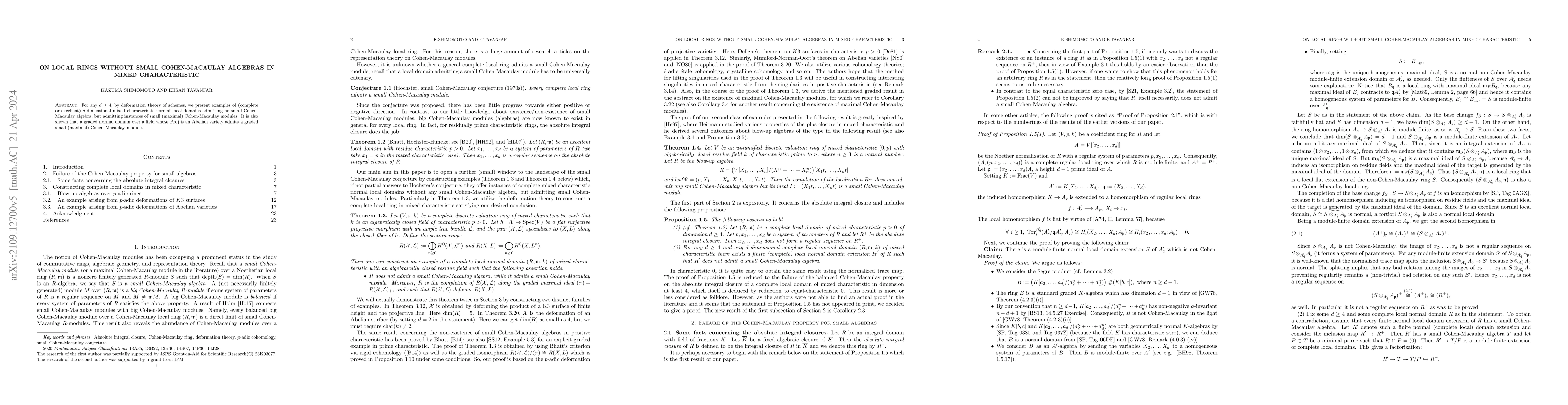 Thumbnail for On local rings without small Cohen-Macaulay algebras in mixed
  characteristic