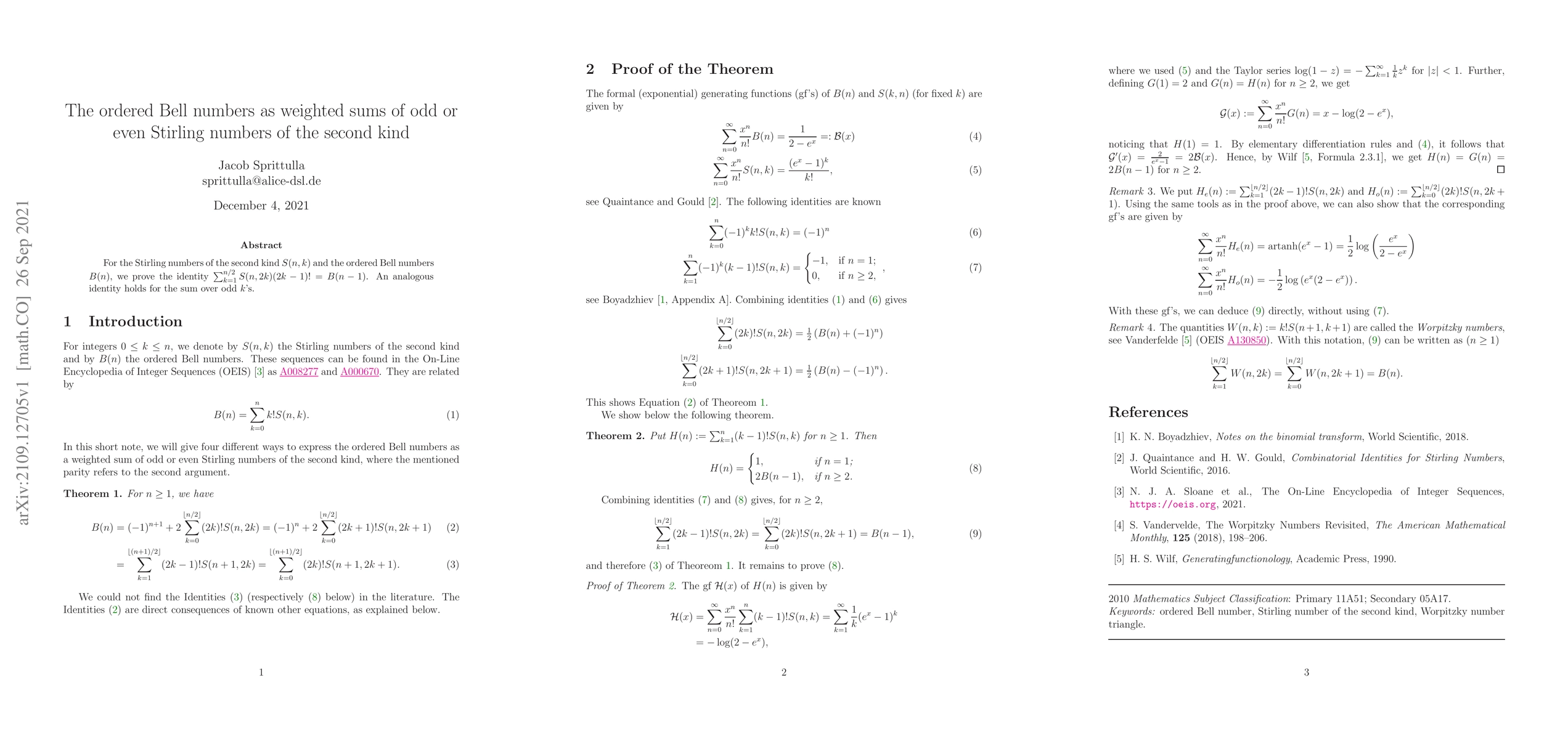 Thumbnail for The ordered Bell numbers as weighted sums of odd or even Stirling
  numbers of the second kind
